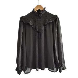 Vintage Romantic Sheer Black Blouse Prairie Goth High Neck Beaded